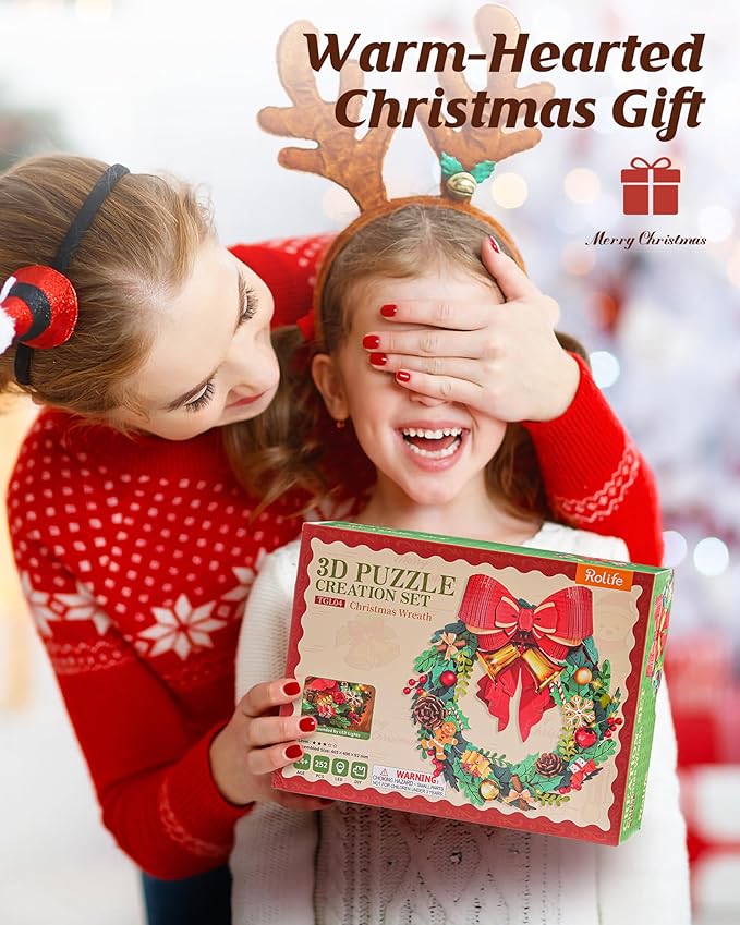 Rolife 3D Puzzles for Adults Christmas Wreaths for Front Door, Artificial Eucalyptus Wreath for All Seasons, Indoor and Outdoor Wreath with Red Bow&Golden Bell, LED for Christmas Decor (16in, 252pcs)