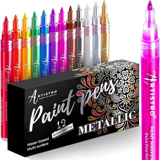 Metallic Paint Pens for Rock Painting, Stone, Ceramic, Glass, Wood, Fabric, Pebbles, Scrapbook Journals, Photo Albums, Card Stocks. Set of 12 Acrylic Paint Markers Extra-Fine Tip 0.7mm