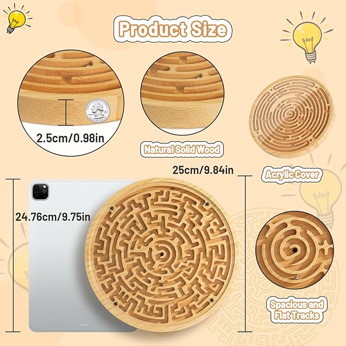 Wooden Labyrinth Board Game with Two Versions of Upgraded Circular Marble Maze with Two-Sided Design, 2-in-1 Puzzle Maze with Two Metal Balls, Brain Teaser Game for Children, Teenagers, and Adult