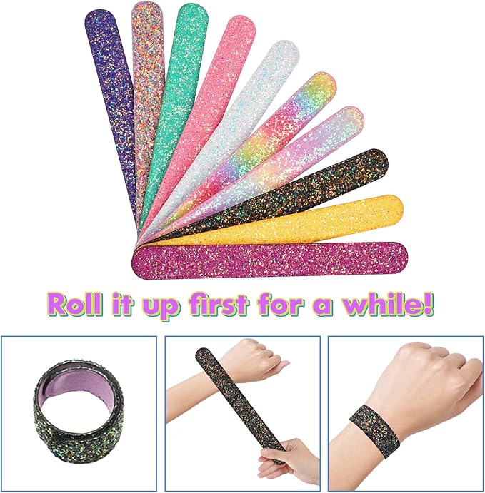 10PCS Glitter Slap Bracelets for Kids Girls Party Favors Supplies Rainbow Slap Wristband with Soft Suede Lining Kids Birthday Gifts Easter Egg Filler Classroom Prizes