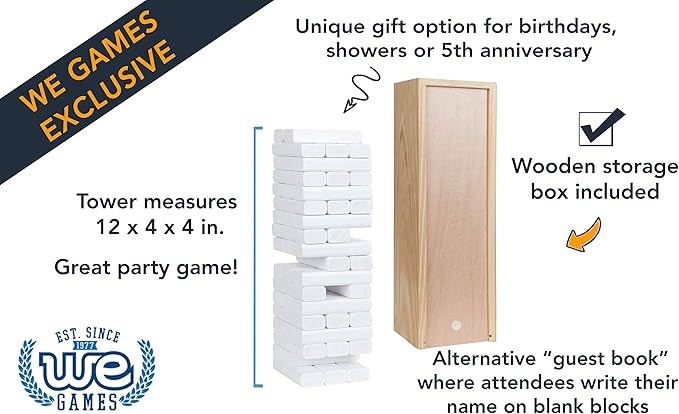 WE Games Wooden Block Stacking Party Game for Adults, Tumble Tower Wedding Guest Book Alternative, Tabletop Games, Includes Storage Case, 12 inches