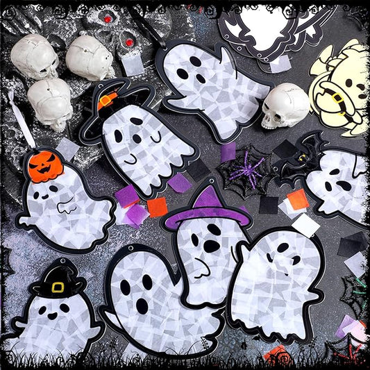 Tinlade 32 Set Halloween Suncatcher Crafts Kit Ghost Suncatcher Paper Crafts with Tissue Paper DIY Window Stained Glass Effect Hanging Ornaments for Halloween Boo DIY Activities Party Favors