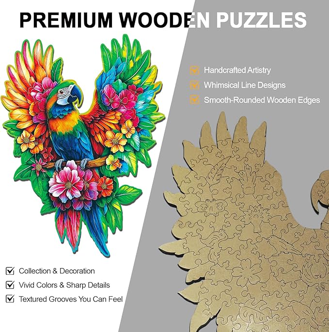 Wooden Puzzles for Adults Floral-Winged Parrot Puzzle - Laser-Cut Unique Shaped Stress Relief Jigsaw Puzzle, Wall Art Home Decor Gift for Family (14.9"×11.1" 200pcs)