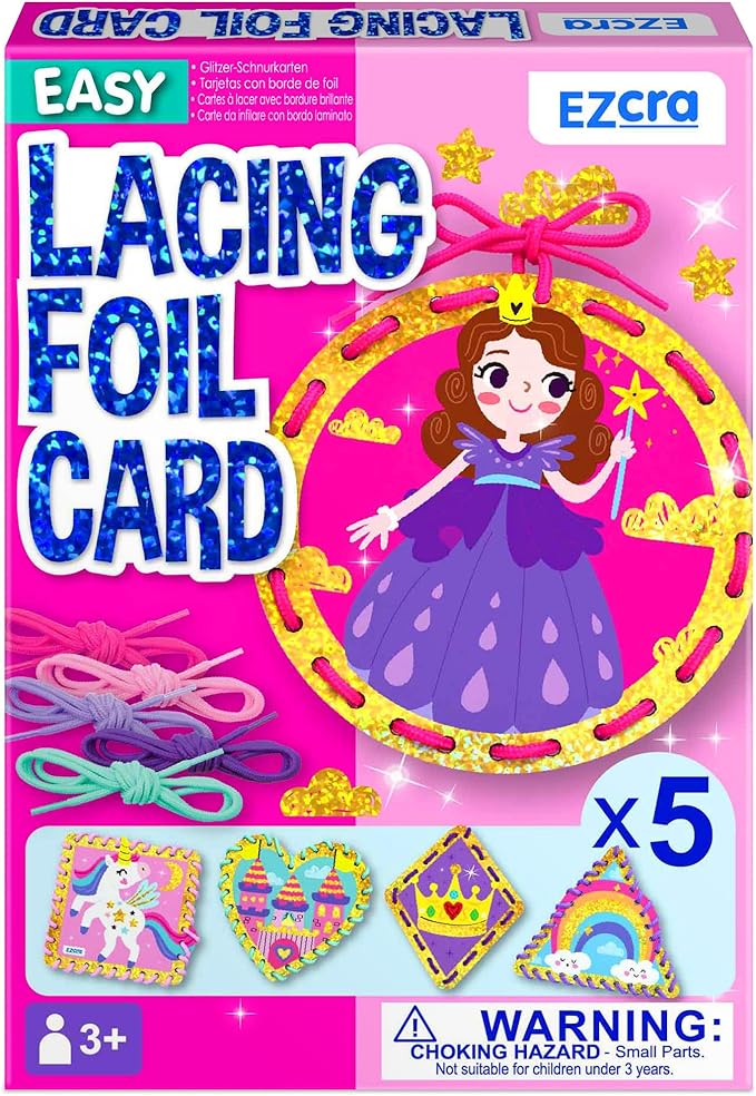 EZCRA Lacing Cards for Kids Ages 3-5 - 5 Pcs Princess and Unicorn Theme with Colorful Laces - Craft Kit for Kids DIY Activity Set - Fine Motor Skills Toys and Preschool Learning Activities