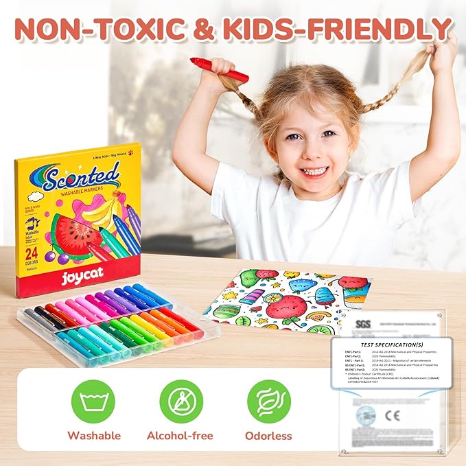 JoyCat Scented Washable Markers For kid, 24 Vibrant Colors with Fun Scent-Chunky Nip for Easy Grip, Coloring Markers For Toddlers, Non-Toxic & Safe for Ages 3+,Ideal Gift & Art Activities Supply