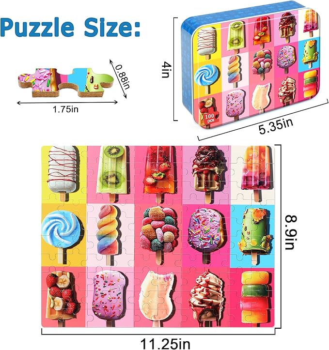 LELEMON Puzzles for Kids Ages 4-6,Popsicle 100 Piece Puzzles for Kids in a Metal Box, Educational Jigsaw Puzzles 100 Piece Puzzle Games for Girls and Boys