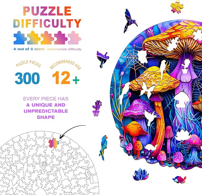 Wooden Puzzles for Adults - Paper Cut Mushroom Wooden Jigsaw Puzzle - Unique Animal Shaped Wood Puzzles Adult - Christmas Birthday Gifts for Adults/Friends/Family - 300pcs 13.4 * 13in