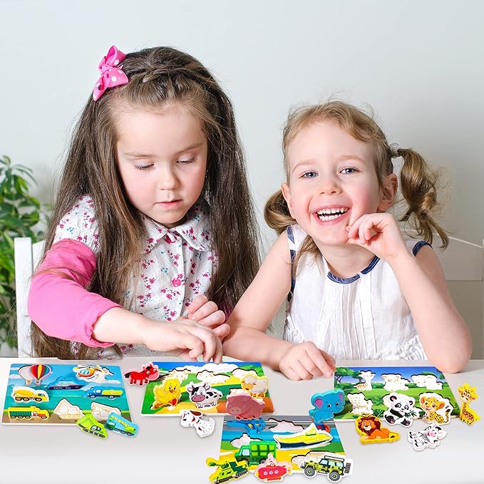 Wooden Peg Puzzle for Toddlers 1-3 Year Old,Funsland Puzzles Gifts Colorful Toys Cartoon Gifts,Farm Zoo Animals Vehicle Arsenal Puzzles (Pack of 4)