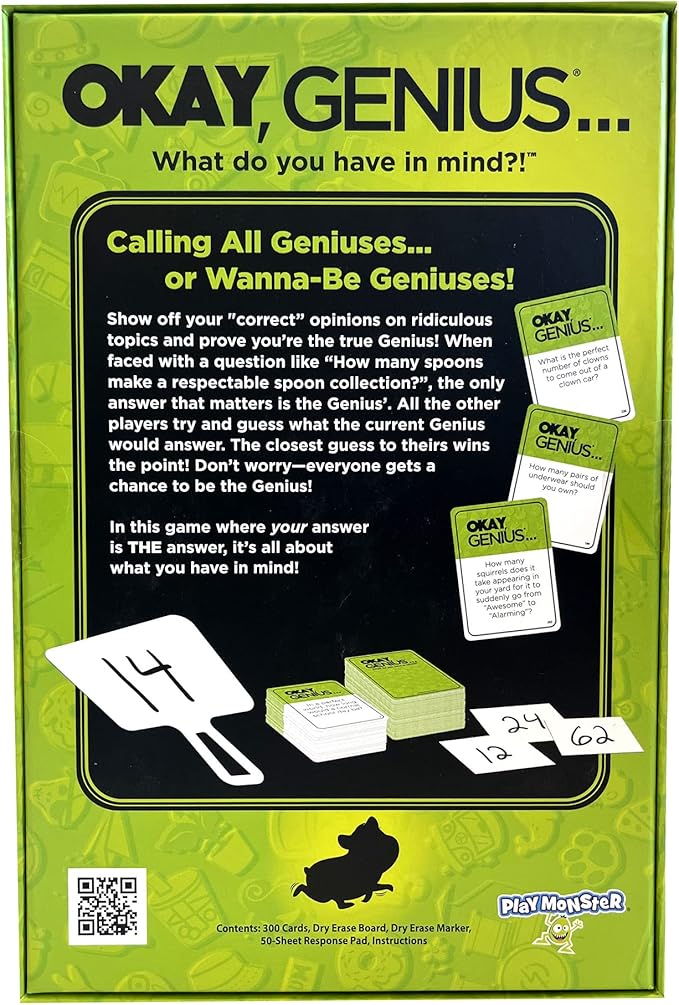 PlayMonster Okay, Genius… Fun Family Game Night Card Game for Teens, Friends & Home - Share Your Opinions on Ridiculous Topics - What Do You Have in Mind?! - for Ages 14 & Up