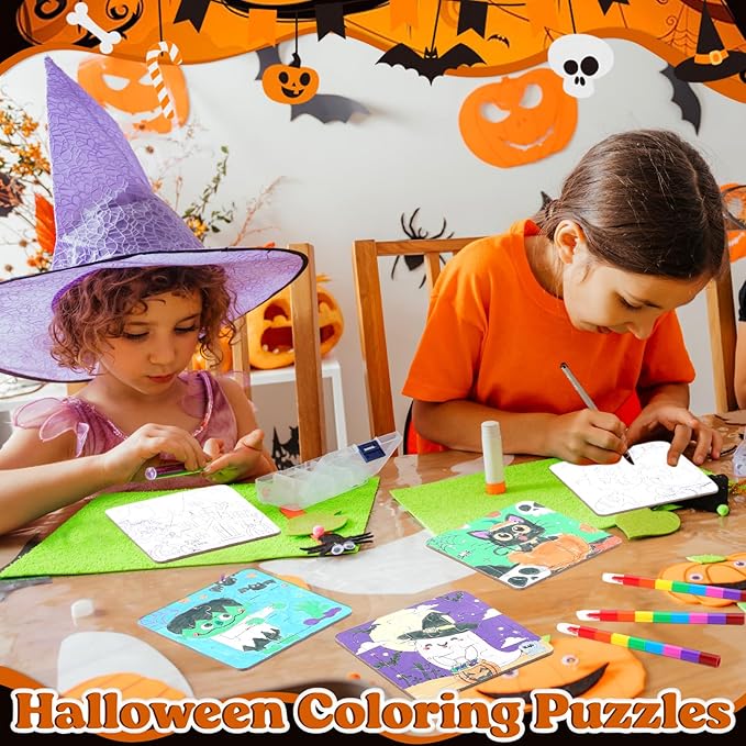 12 Sets Puzzles Color Your Own Puzzles DIY Jigsaw Crafts with 12 Stackable Crayons and 12 Bags for Learning Education Toys Gifts Prizes Birthday Party Supplies (12, Halloween)