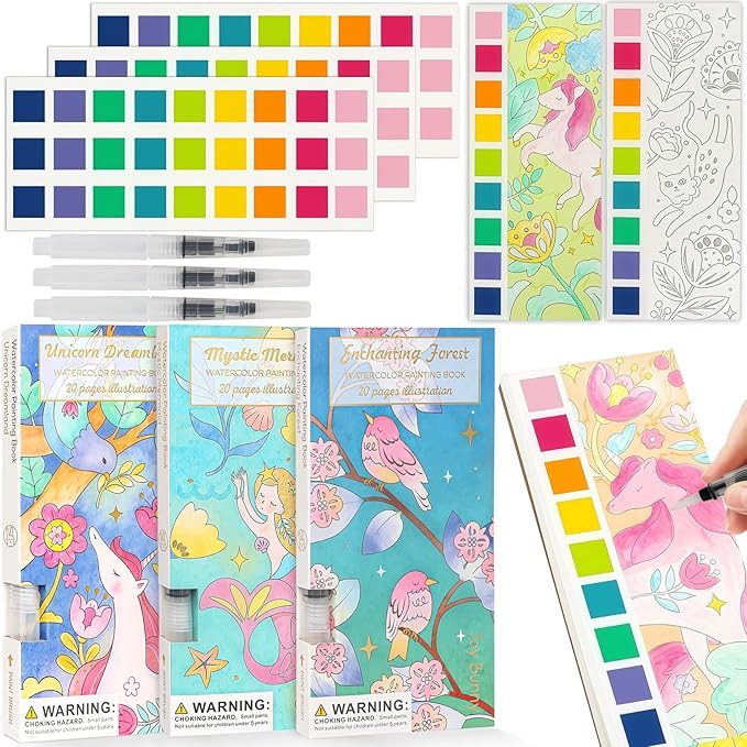 Watercolor Painting Coloring Books Pocket Watercolor Paint Bookmarks, Mess Free Paint with Water Set, Travel Activities Art Party Favors Exchange Birthday Gifts for Kids (3in1)