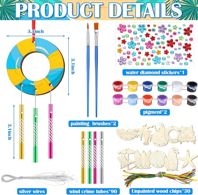 JellyArch 30 Pack Summer Wind Chime Making Kit for Kids, Summer Watermelon Coconut Beach Gnome DIY Wind Chime Wooden Crafts Kit Ornaments for Girls and Boys Activity Birthday Outdoor Decoration