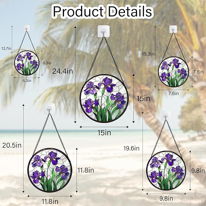 Stained Glass Window Hanging - Purple Iris Flower Sun Catcher for Door Terrace Garden Home Decor, Green Plants Suncatcher Birthday Gifts for Lovers Women Men Dad Mom Nana 9.8 in