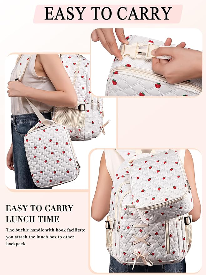 Cute Strawberry Print Backpack with Lunch Box and Pencil Case for Girls Teens Kids for Age 8-10 10-12 12-14 Kawaii Backpack for Elementary Middle High School Bookbag Mochila Para Niñas