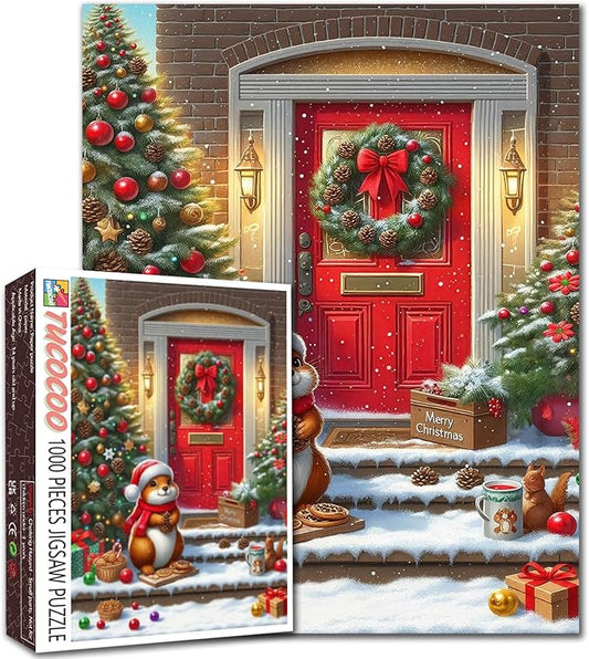 Christmas 1000 Piece Jigsaw Puzzles for Adults Squirrel Wearing Red Hat Painting Christmas Tree Jigsaw Puzzle 1000 Pieces Winter Scene Holiday Puzzles Family Fun Game DIY Craft Bedroom Decor Gift