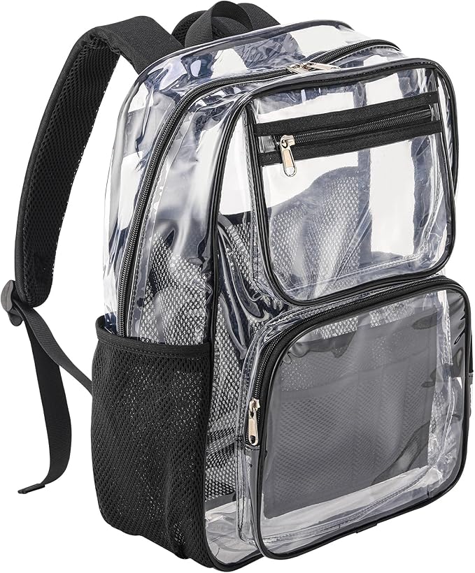 Lightweight Clear Bookbag for School or Stadium Events - Black Transparent Plastic See-Through Backpack Black