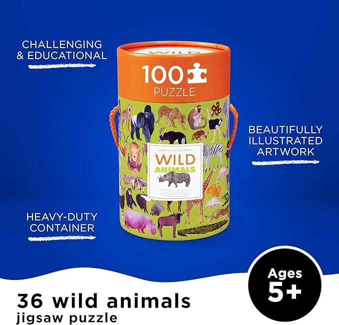 Crocodile Creek 100-Piece Jigsaw Puzzle for Kids Ages 5 and Up - Fun and Educational Table or Floor Puzzles - Storage Canister with Handle - Wild Animals - 14” x 19” Finished