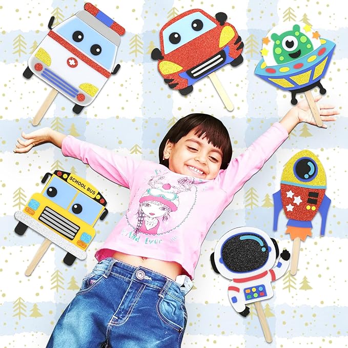 VKPI Make 6 Popstick Puppets Craft Kit for Kids, Foam Art Crafts Gift, Story Time Toys for Ages 4+ Toddler, Cars, Astronaut, Rocket, Spacecraft, Preschool Projects Game Craft, Birthday Party Favor