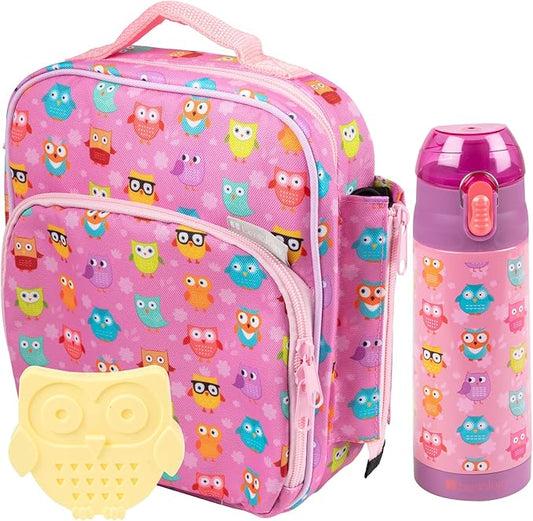 Bentology Kids Lunch Bag Set w Matching Reusable Water Bottle & Hard Ice Pack- Pink Yellow Rainbow Owls- Insulated Tote, Stainless Steel Insulated Thermos, Hard Ice Pack- Back to School Lunchbox Kits
