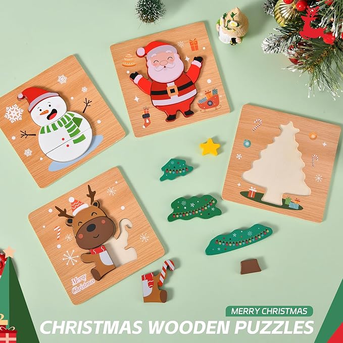 4 Pack Christmas Wooden Puzzles for Kids Toddlers Jigsaw Puzzles Christmas Stocking Stuffers Toys Xmas Party Favors