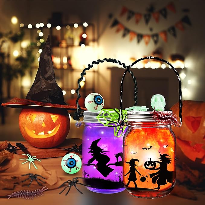 Letapapa Halloween Crafts for Kids, 12 PCS Mason Jar with Accessories for DIY Craft & Art Party Favor Supplies, Halloween Decoration Trick or Treat, Classroom Art Activities