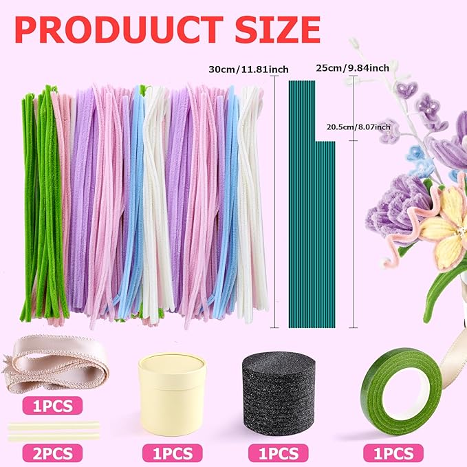 Pipe Cleaners Craft, Multi-Colored Pipe Cleaners Kit, Chenille Stems for DIY Flower Making Kit with Floral Wires, Come with Flower Base, Ideas for Party & Home Decor (A14)
