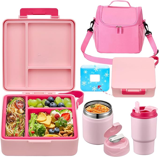 Bento Lunch Box for Kids with 17oz Soup Thermo,Insulated Tumbler Water Bottle and Insulated Lunch Bag,Leak-Proof 3 Compartment Lunch Food Container with with Ice Pack for Kids to School-Pink