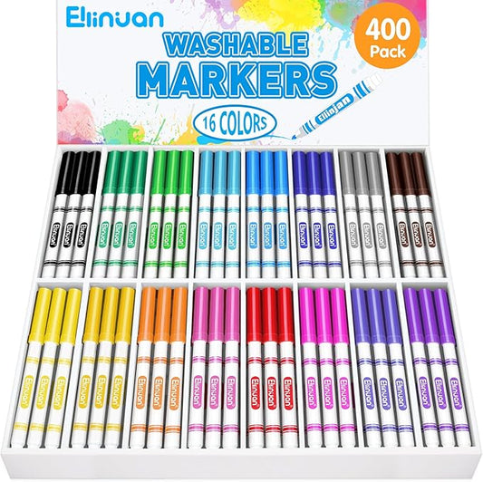 400 Count Washable Markers Bulk, 16 Assorted Colors, Colored Thin Marker with Conical Tip, Washable Markers for Kids, Bulk Marker for Classroom, School Art Supplies for Students Teachers