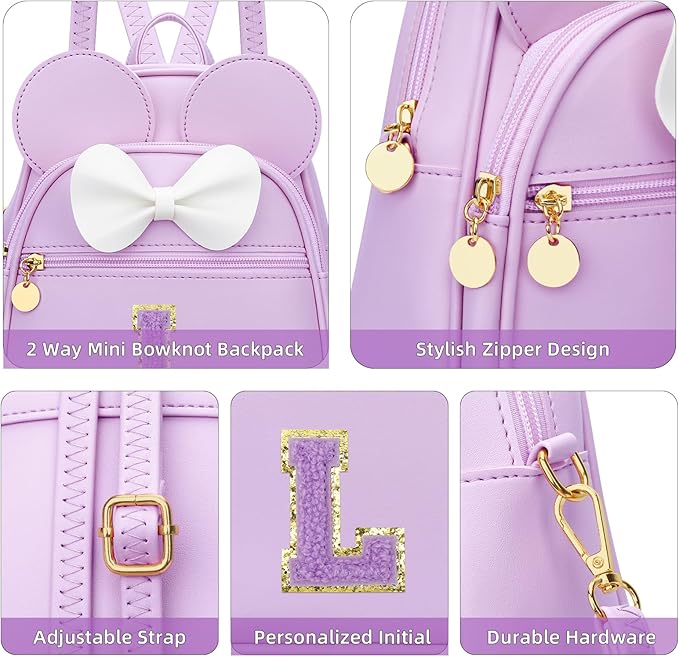 KKXIU Girls Initial Bowknot Cute Mini Backpack for Toddler, Travel Small Girl Backpacks, Personalized Trendy Stuff Gift for Little Girls and Kids(L, Purple)