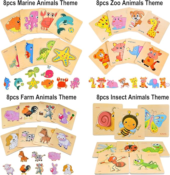 8pcs Wooden Puzzles for Toddlers 1-3, Toddler Puzzles Ages 2-4, Montessori Toys for 1-3+ Years Girl Boy, Sea Animal Puzzle for Kids, Jigsaw Puzzle Educational Toys Preschool for 1-4