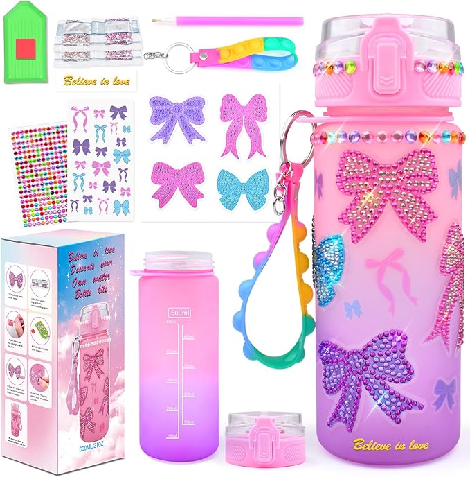 ASIOWELY Decorate Your Own Water Bottle Kits for Girls Age 4-12, Colorful Bow Pattern Diamond Painting Art and Crafts for Boys Age 4-6-8-10, Fun Gifts Toys for School Birthday Christmas