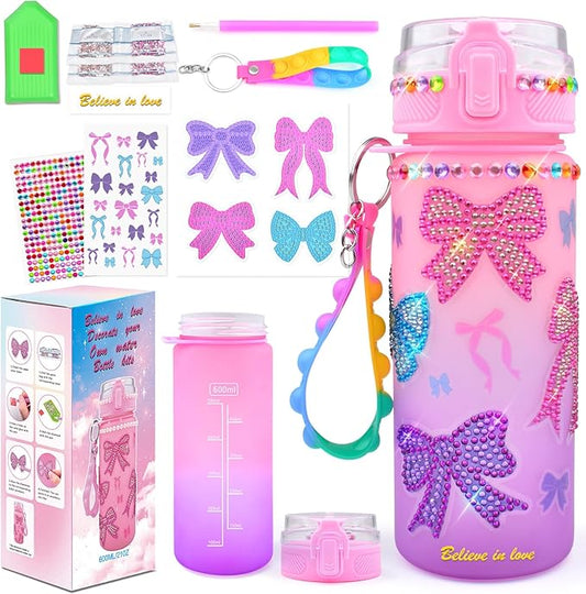 ASIOWELY Decorate Your Own Water Bottle Kits for Girls Age 4-12, Colorful Bow Pattern Diamond Painting Art and Crafts for Boys Age 4-6-8-10, Fun Gifts Toys for School Birthday Christmas