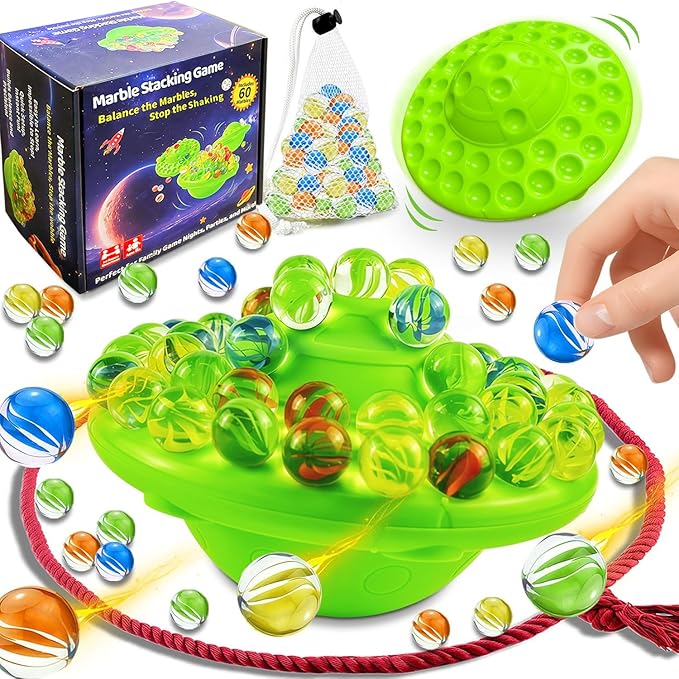 Marble Balance Board Game with 60 Glass Marbles & Storage Base - Fun Family Board Game for Adults, Party Game for 1-4 Players | Educational STEM Toy & Birthday Gift Halloween Party Favors for Kids