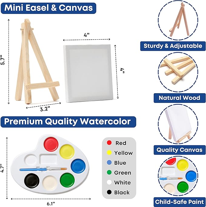 Mini Canvas and Easel Set with Mini Watercolor Paint in Bulk Set of 12 - Kids Art Party Favors & Party Supplies - 4x4" Small Canvases for Painting with Mini Easel - Water Colors Paint for Kids