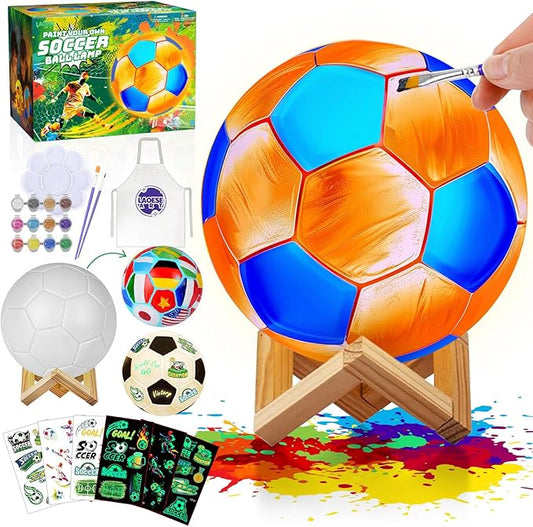 Paint Your Own Soccer Ball Lamp Kit, DIY 3D Night Light with Soccer Stickers & Wooden Stand, Art Supplies Creativity Arts & Crafts Kit for Kids, Birthday Gifts for Boys