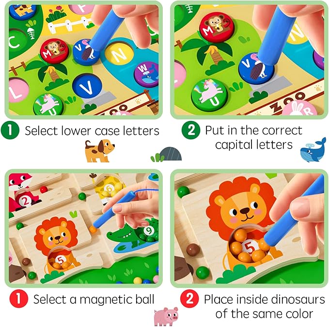 Magnetic Maze 2 in 1 Double Side Color and Number Maze Alphabet Puzzle Board for 3-5 Boys and Girls Kids Montessori Educational Toys (Zoo, One Size)
