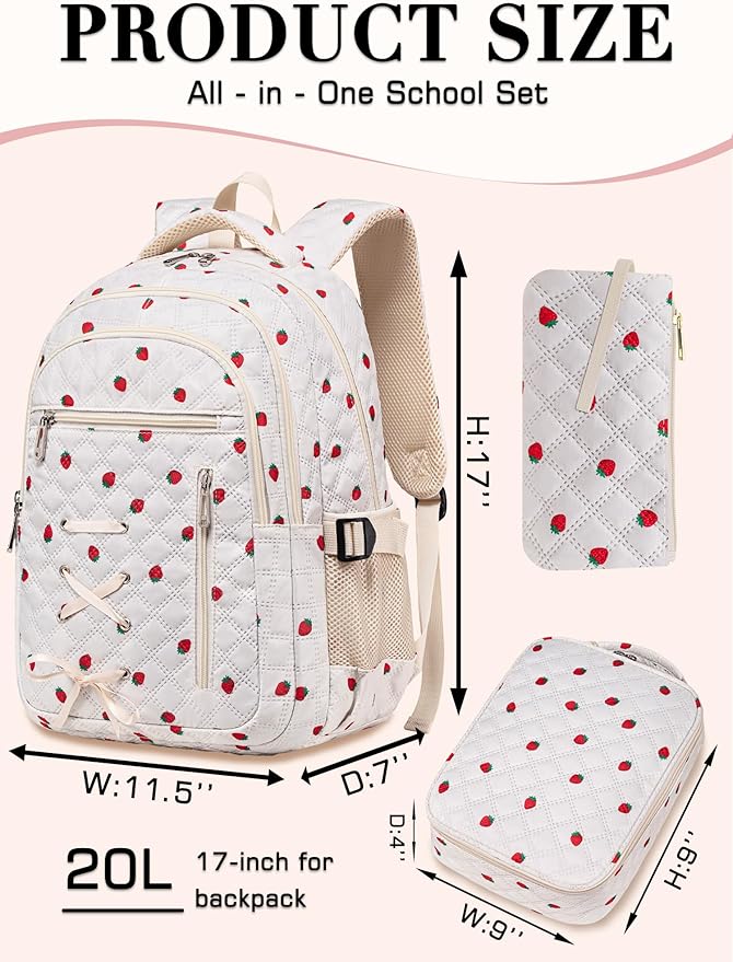 Cute Strawberry Print Backpack with Lunch Box and Pencil Case for Girls Teens Kids for Age 8-10 10-12 12-14 Kawaii Backpack for Elementary Middle High School Bookbag Mochila Para Niñas