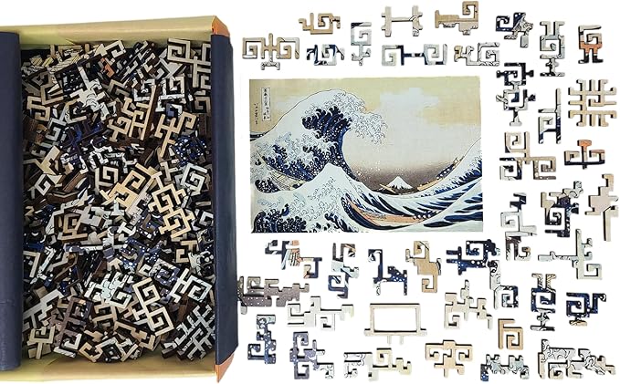Wooden Puzzle for Adults - Geometric Design - Made in The USA by FoxSmartBox - 260 Pieces - The Great Wave Off Kanagawa