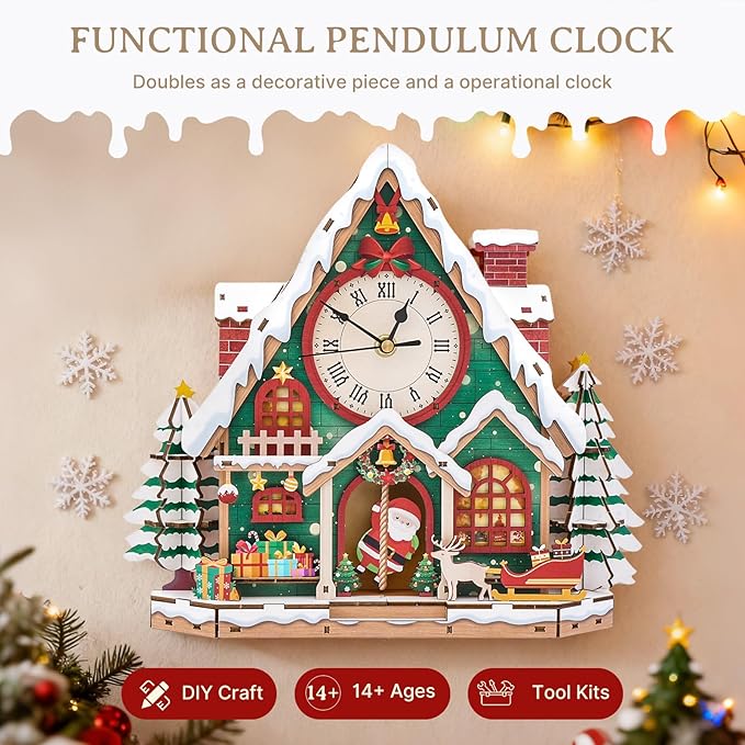 KAAYEE 3D Puzzle for Adult, Wooden Christmas Cabin Pendulum Clock Mechanical Model Kit, 66 PCS DIY Vintage Wall Clock Building Kit, Creative Craft Gift for Birthday Home Decor (Battery Not Included)