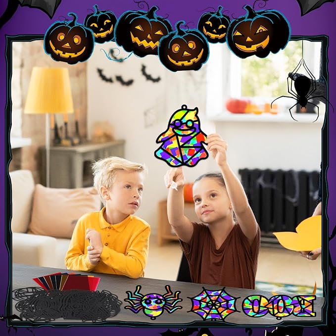 32 Sets Halloween Suncatchers Craft Kit DIY Window Stained Glass Effect Ghost Spider Skull Pumpkin Paper Crafts Home School Classroom Decoration Kid Birthday Gift Creative Art Project Activity Game