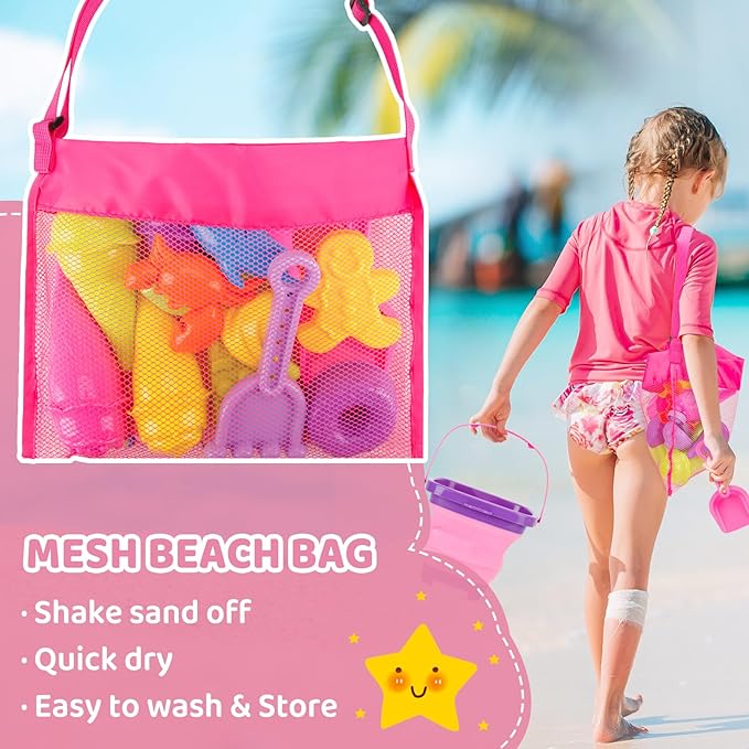 Collapsible Beach Toys Set for Kids Girls Ice Cream Sand Toys Set with Bucket & Shovels Set & Sand Molds and Mesh Bag, Travel Sandbox Toys for Toddlers Age 3-10