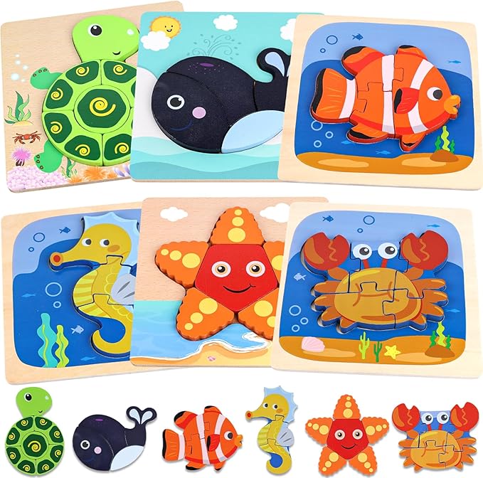 LovesTown Wooden Toddler Puzzles Montessori Sea Animal Jigsaw Puzzle, Educational Preschool Learning Toys for Boys and Girls, Pack of 6