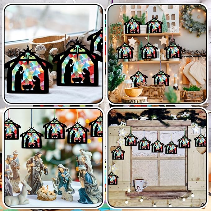 Eersida 32 Sets Christmas Nativity Suncatchers Craft Kit DIY Christianity Tissue Paper VBS Sunday School Craft Make a Nativity Tissue Paper Kit for Holy Night Christian Religious Lent Bible Window Art