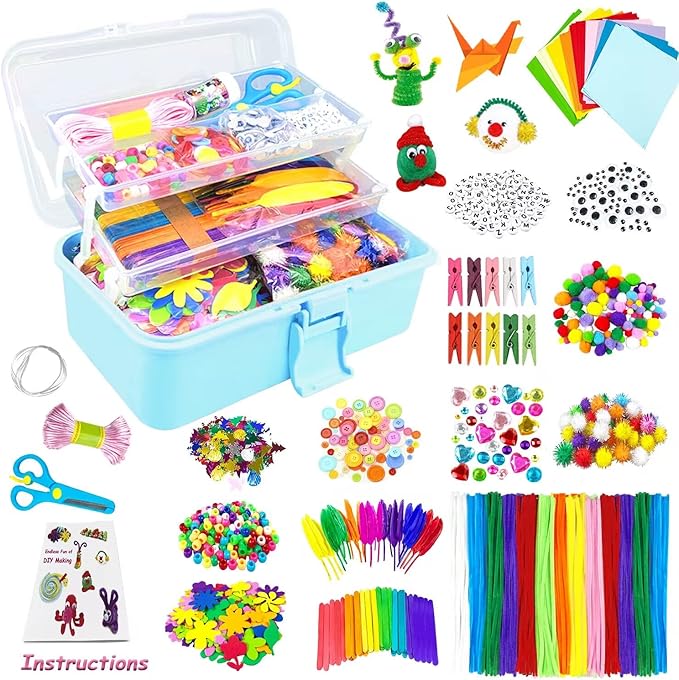 VLUSSO Arts and Crafts Supplies for Kids DIY Craft Kits Art Supplies Materials Kids Crafts Set with Pipe Cleaners Craft Box Preschool Homeschool Toys Gift for Boys and Girls Age 4 5 6 7 8