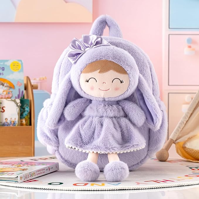 Gloveleya Back to School Gifts for Girls Bunny Toddler Backpack Plush Bag Baby Gift for Girl 2+ Years Old with Detachable Purple Rabbit Doll 11 Inches