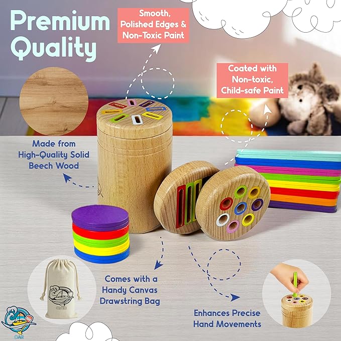 OAR Montessori Toys for Toddlers 1-3 โ 3 in 1 Wooden Fine Motor Skills Toy Set | Color Sorting, Coin Drop, Sensory Learning | Educational Beech Wood Toys for Boys and Girls
