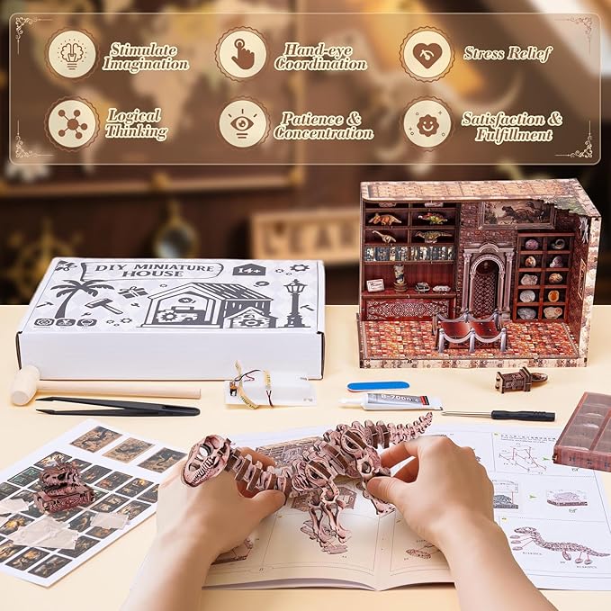 Book Nook Kit,3D Wood Puzzle LED Light DIY Miniature House Kit for Adults,Teens and Beginners, Dollhouse Bookshelf Decor Tiny Houses to Live in for Adults,Gifts for Family,Friends(Dinosaur Museum)