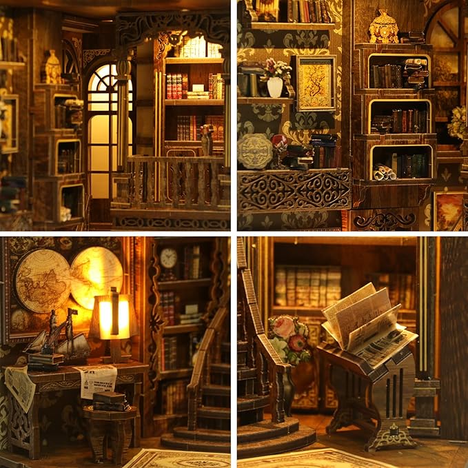 Book Nook Kit for Adult Miniature Model Build Dollhouse Kit 3D Wooden Puzzle with Sensor Led Light for Bookshelf Bookend Insert Decor Adults Teen Crafts(Classical Book Collection Room)