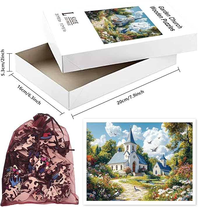 GLOBLELAND 300Pcs Garden Church Wooden Jigsaw Puzzles for Adults 11.22x15.16inch Religion Landscape Wood Puzzles Colorful Unique Shaped Wood Puzzles for Anniversary Holiday Birthday Gifts