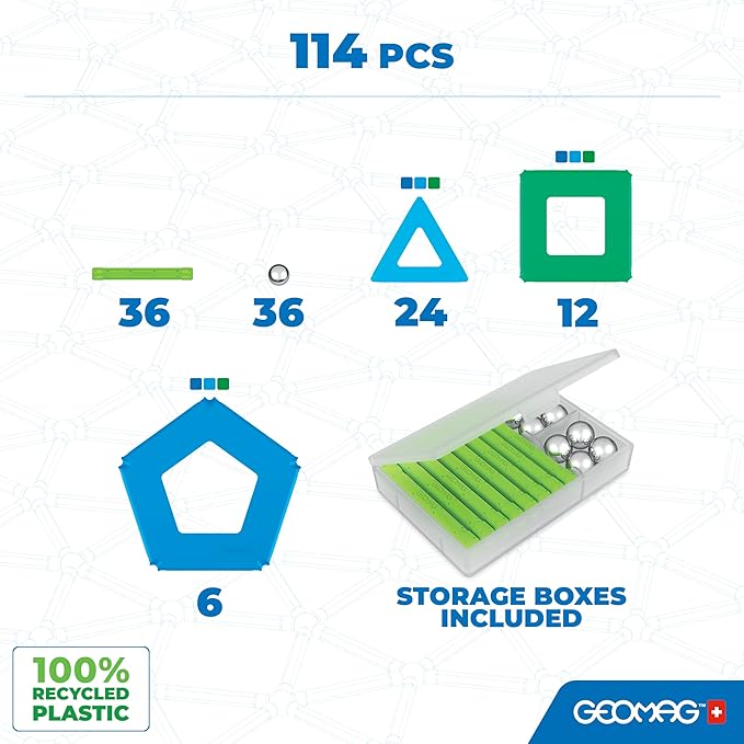 Geomag Classic Magnetic Toys for Kids Ages 5+, 114pc Educational STEM Magnets for Kids - Swiss-Made Magnetic Blocks, Tiles and Building Toys from 100% Recycled Plastic